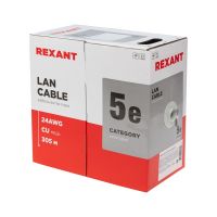 Кабель витая пара U/UTP, CAT 5e, ZH нг(А)-HF, 4PR, 24AWG, INDOOR, SOLID, серый, 305м REXANT 01-0069