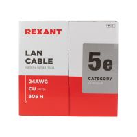 Кабель витая пара U/UTP, CAT 5e, ZH нг(А)-HF, 4PR, 24AWG, INDOOR, SOLID, серый, 305м REXANT 01-0069