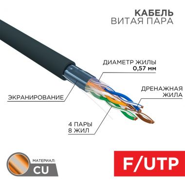 Кабель витая пара F/UTP, CAT 6, PE, 4PR, 23AWG, OUTDOOR, SOLID, черный, 305м REXANT 01-0158 ― REXANT