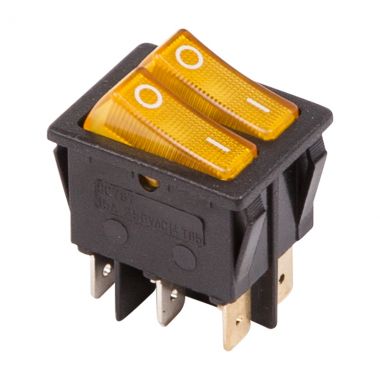 Выключатель клавишный 250V 15А (6с) ON-OFF желтый с подсветкой ДВОЙНОЙ REXANT 36-2413 ― REXANT